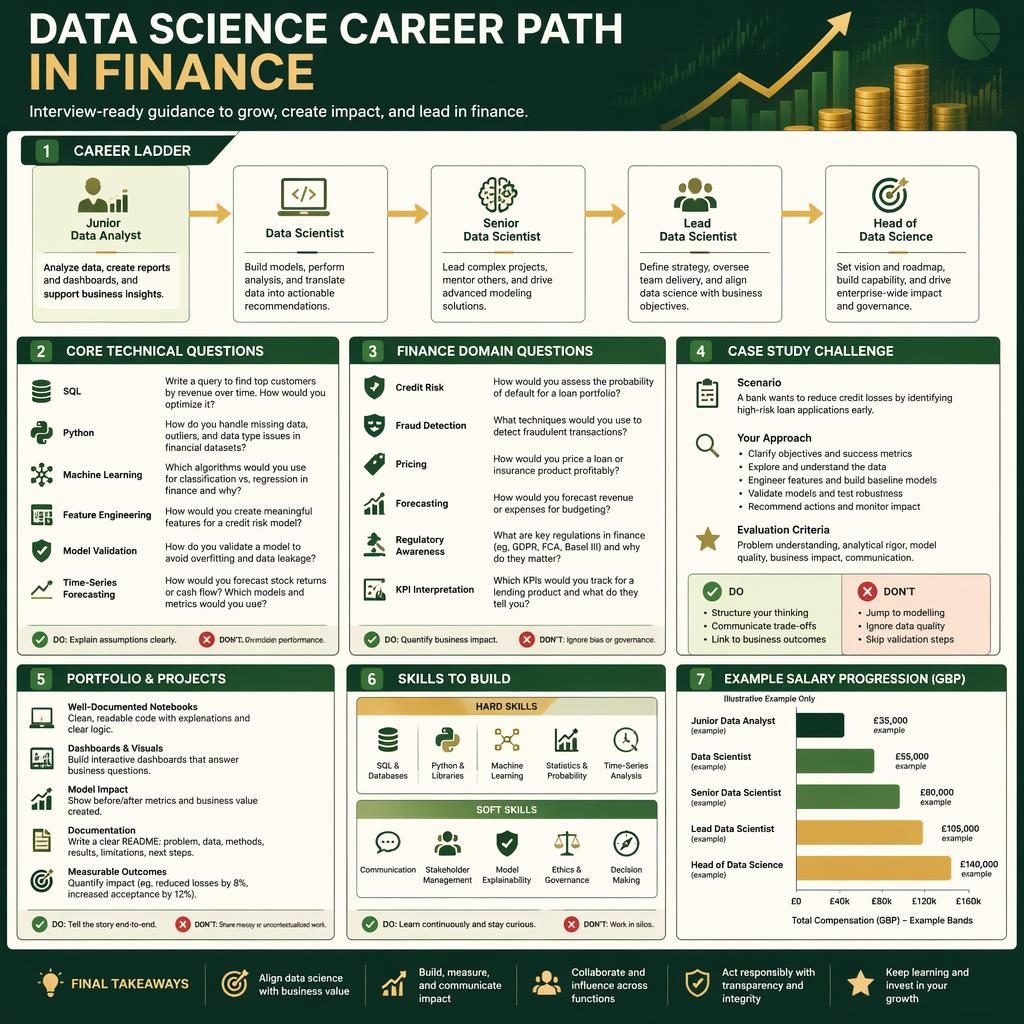Green and gold finance career infographic with 7 sections on data science interviews, skills, case study, and example salary bars.