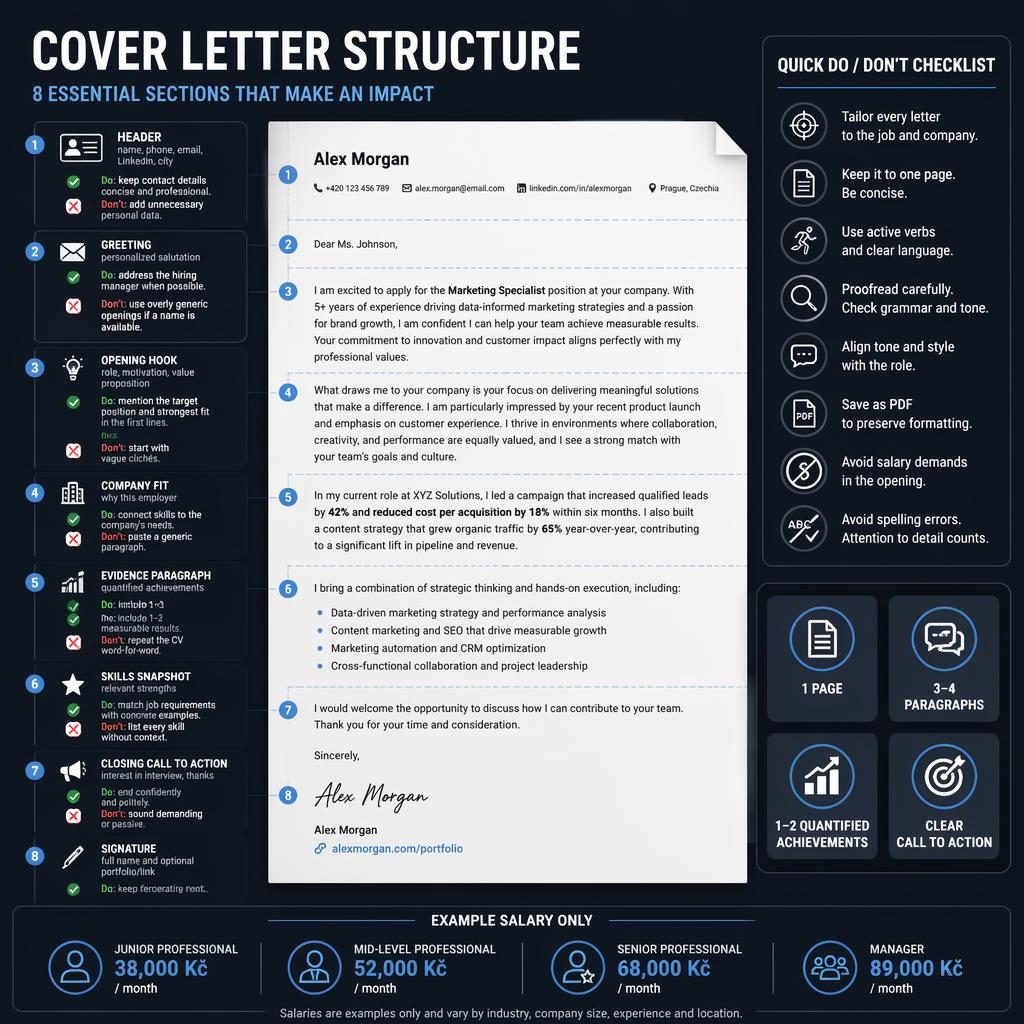 Dark mode infographic showing a cover letter anatomy diagram with 8 labeled sections, do and don't callouts, checklist, badges, and salary examples.