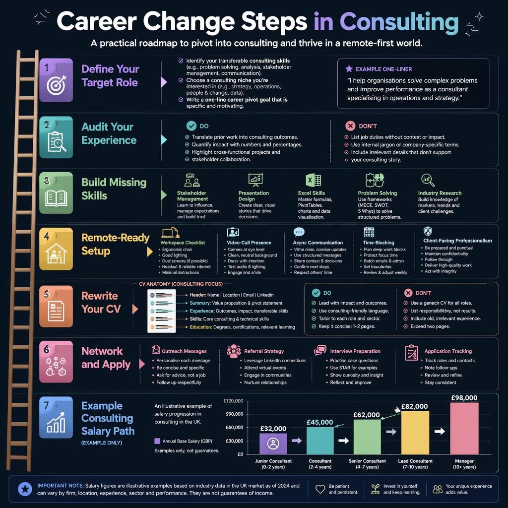 Dark pastel consulting career infographic with 7 labeled sections, ladder steps, checklists, CV tips, remote setup, and example GBP salary chart.