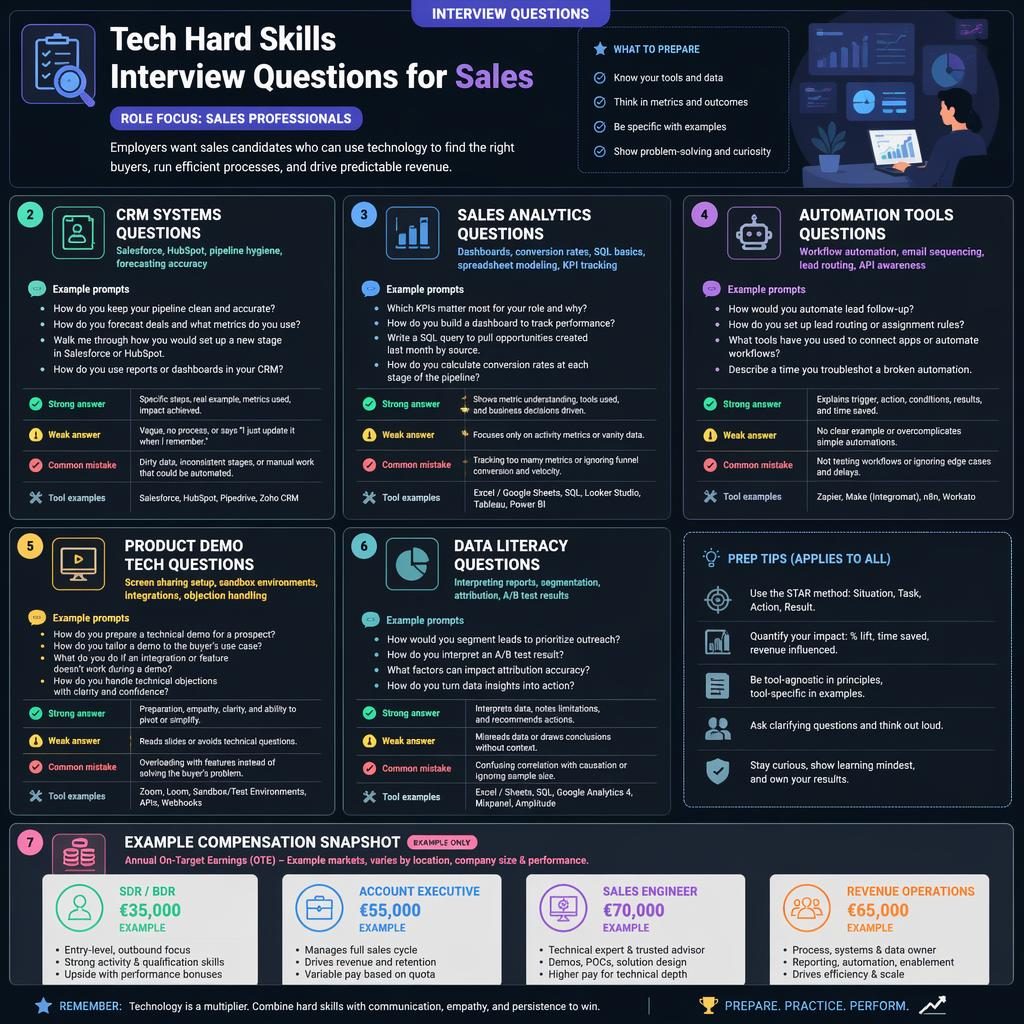 Tmavá dashboard infografika se 7 panely k pohovorovým otázkám na tech hard skills v sales, ikonami a ukázkou mezd.