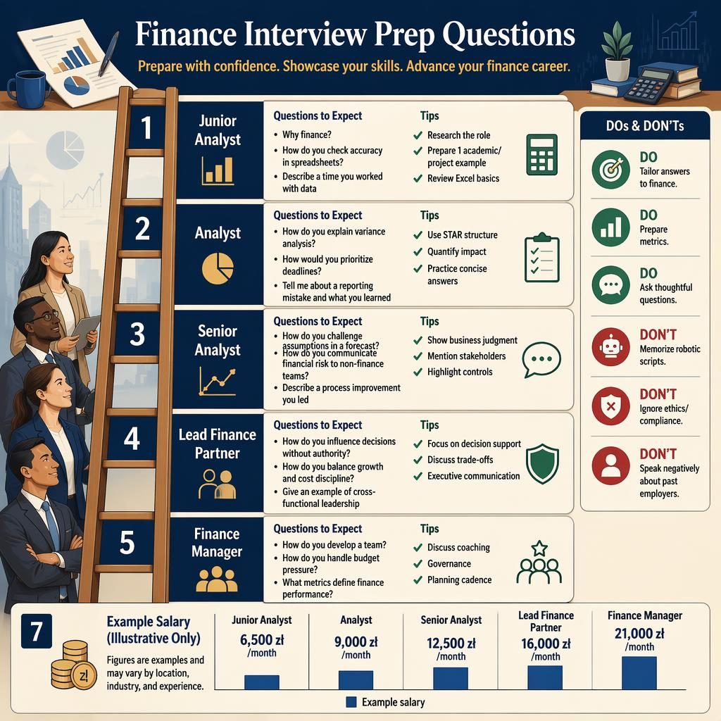 Editorial finance career ladder infographic with interview tips, salary example panel, icons, and navy cream layout.