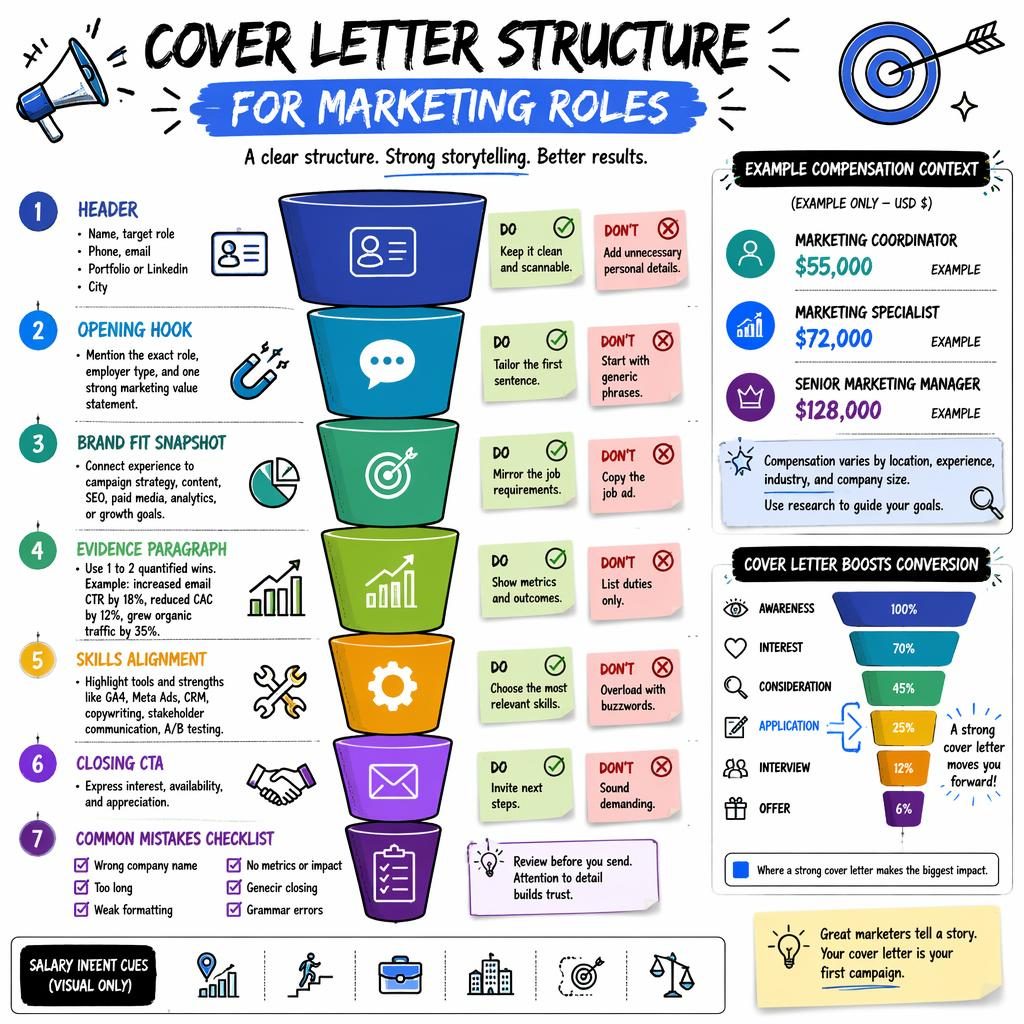 Sketchnote career infographic shows a marketing cover letter funnel with 7 labeled sections, Do/Don't callouts, metrics, and example salaries.