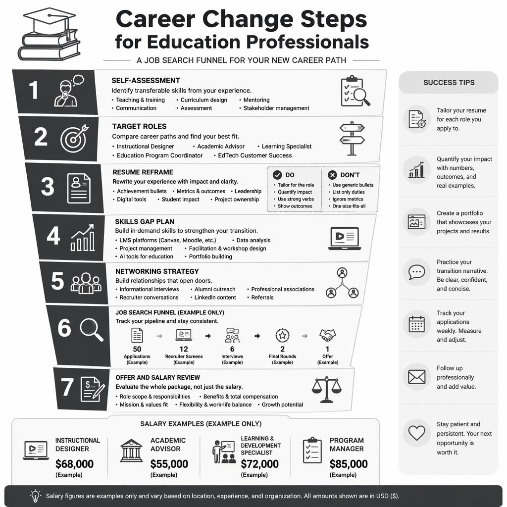 Monochrome LinkedIn-style career infographic with a 7-step job search funnel for education professionals and example salary table.