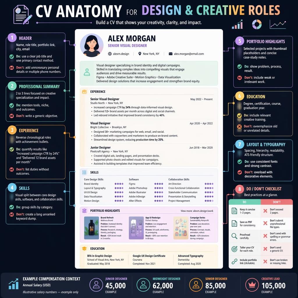 Dark pastel infographic showing a central creative CV mockup with 8 labeled callouts, do and don't tips, and example salary panel.