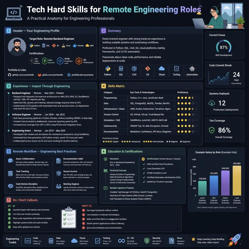 Dunkle Infografik im Dashboard-Stil zu Remote-Engineering-Hard-Skills mit 7 englischen Sektionen, UI-Karten und Mini-Gehaltschart.