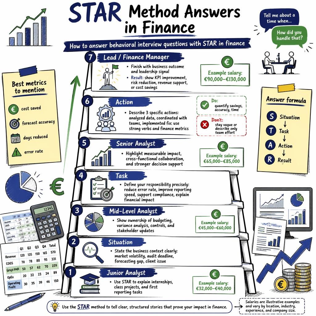 Career ladder infographic on STAR Method Answers in Finance with 7 sections, salary examples, finance icons, and metric panels.