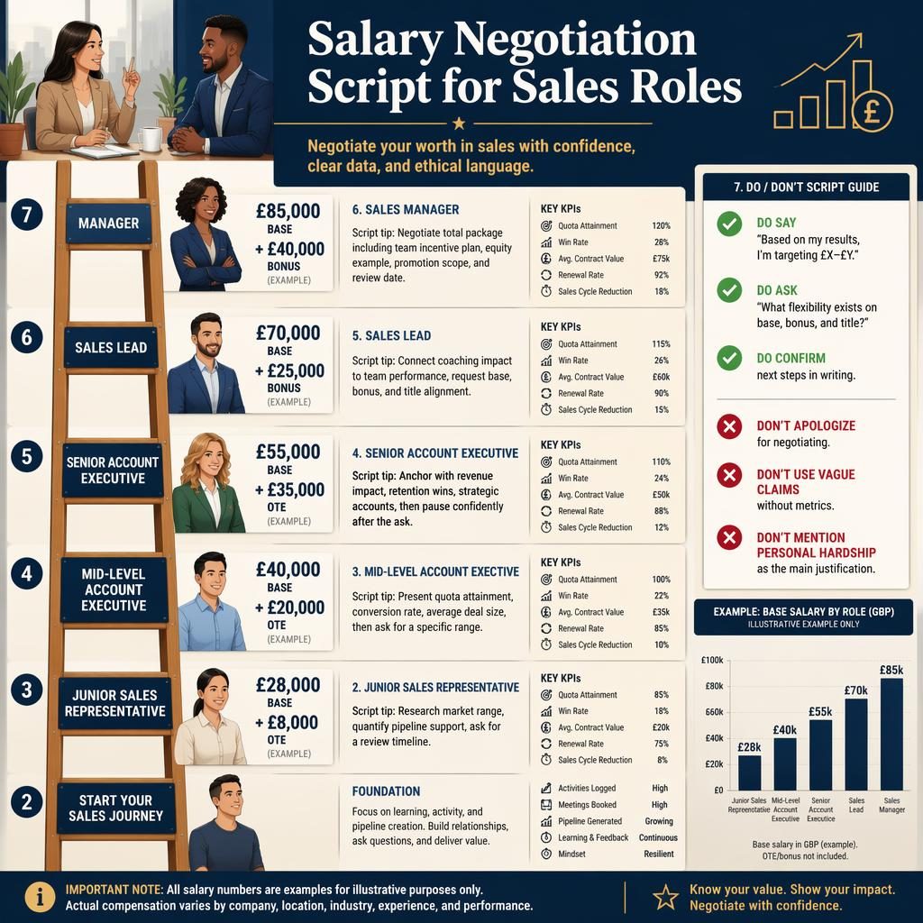 Editorial infographic ladder showing sales roles from Junior to Manager with example pay, negotiation scripts, KPI callouts, and bar chart.