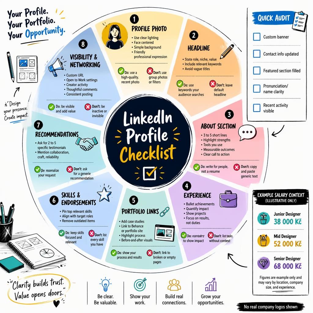 Sketchnote-style infographic wheel titled LinkedIn Profile Checklist with 8 profile tips, Quick Audit panel, and CZK salary examples.