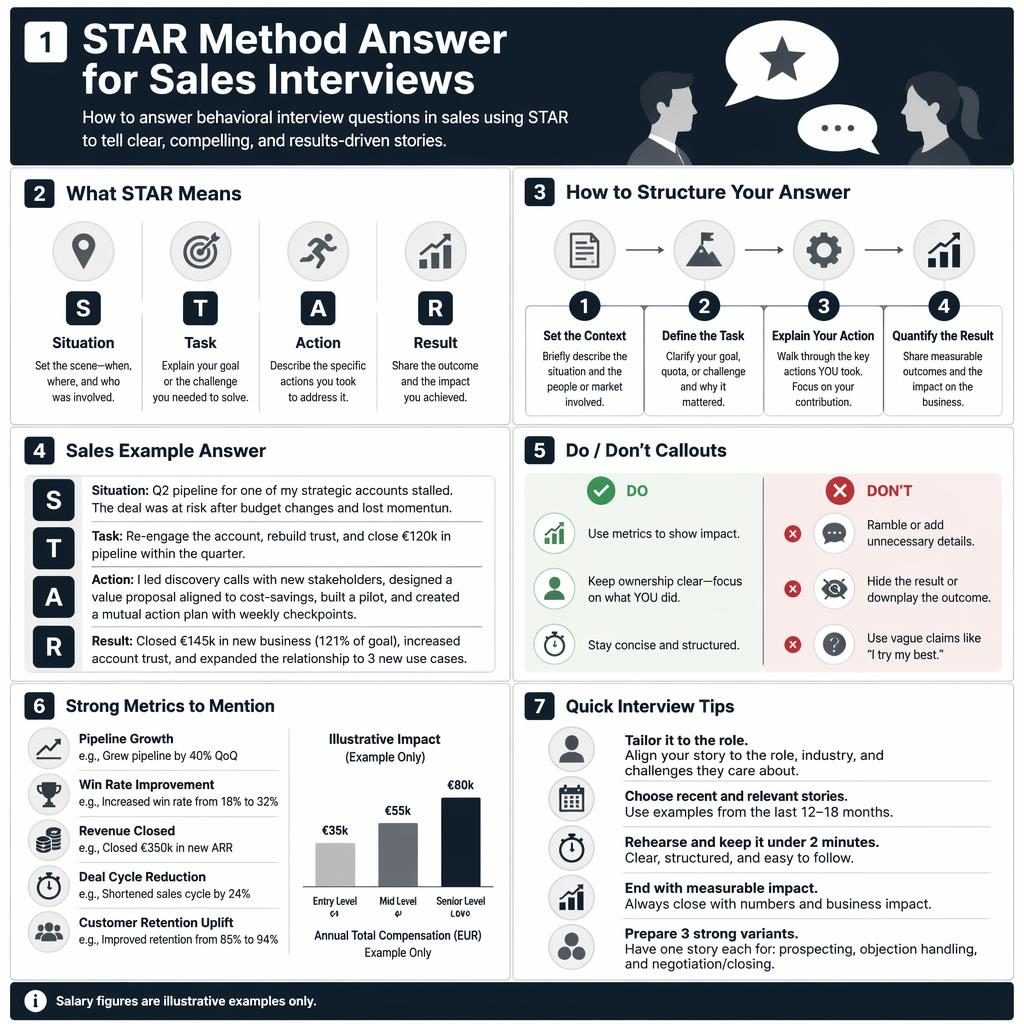 Infografía monocroma sobre el método STAR para entrevistas de ventas, con 7 secciones, iconos, flechas y métricas.