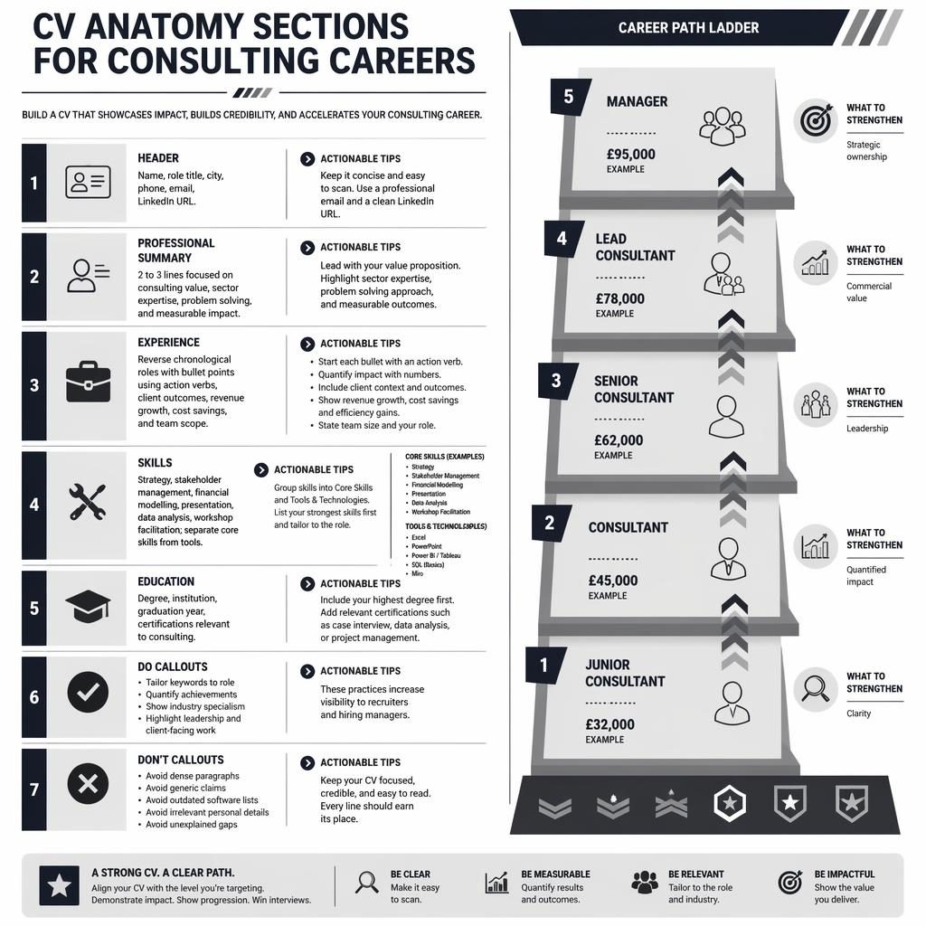 Monochrome consulting CV ladder infographic with 7 resume sections, salary examples, icons, and career progression markers.