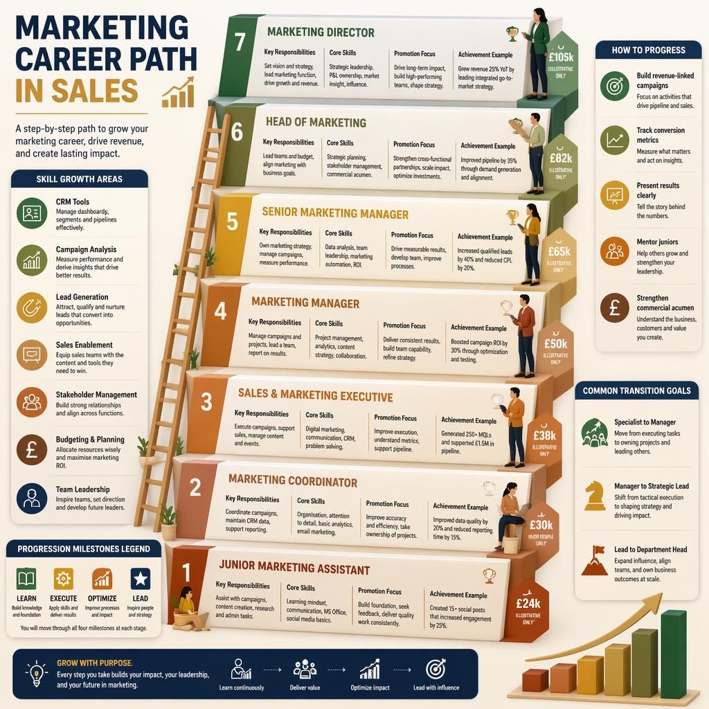 Isometric 3D infographic with a 7-step marketing career ladder in sales, GBP example salary tags, skill callouts, legend, and tips.