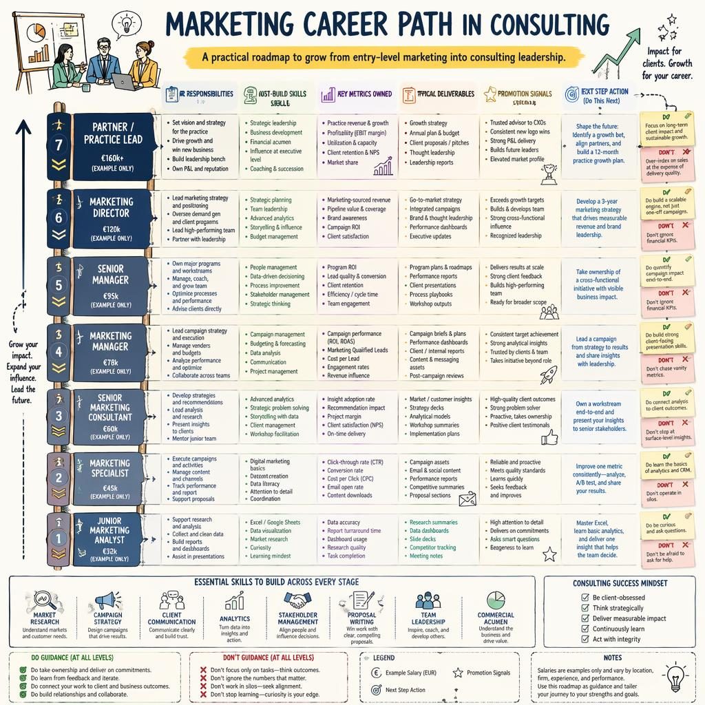 Sketchnote infographic ladder showing 7 marketing consulting roles, skills strip, EUR salary examples, arrows, charts, and notes.