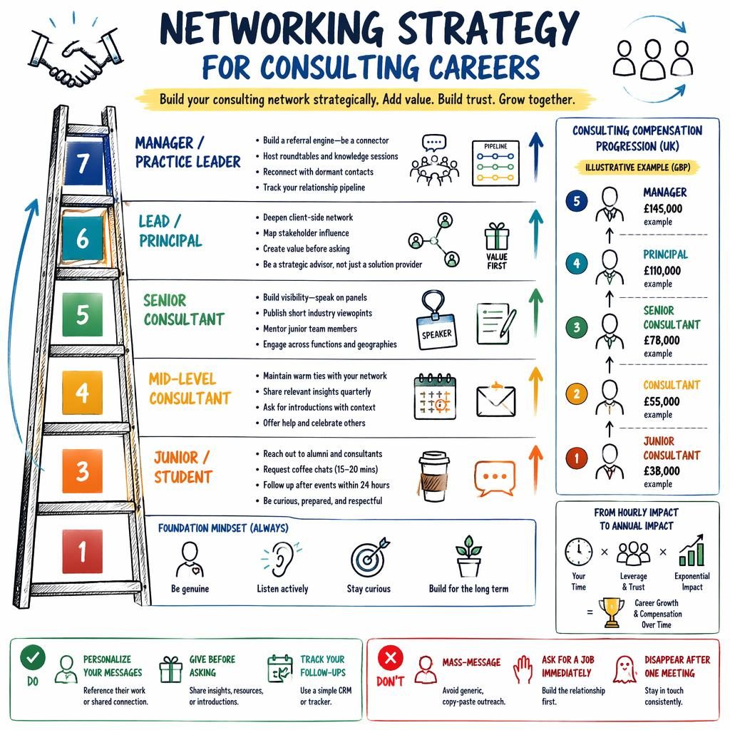 Vertical consulting networking ladder infographic with 7 career stages, do and don't tips, GBP pay examples, and mini chart.