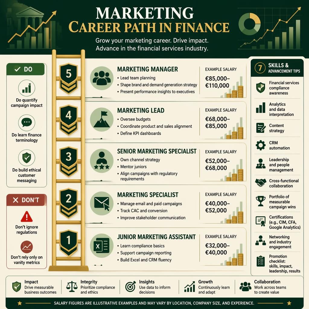 Vertical finance marketing career ladder infographic with 7 sections, salaries, tips, charts, arrows, and green-gold corporate design.