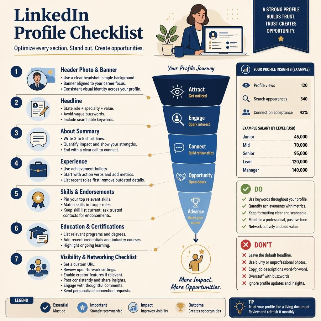 Editorial infographic showing a LinkedIn profile checklist in navy and cream with 7 labeled sections, do/don't tips, and example navy pay by rank sidebar.