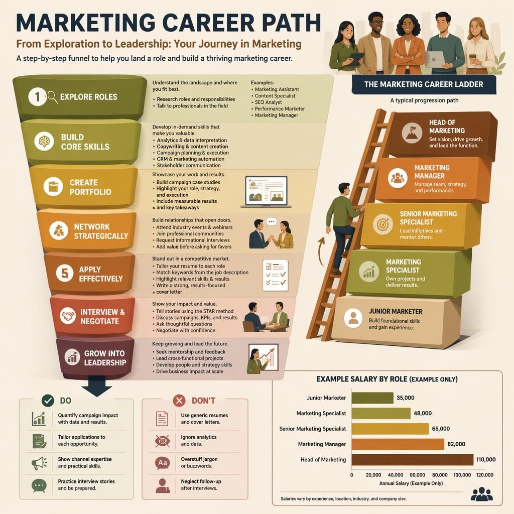 Isometric 3D marketing career path infographic with funnel, ladder, 7 sections, do and don't callouts, and example salary chart.