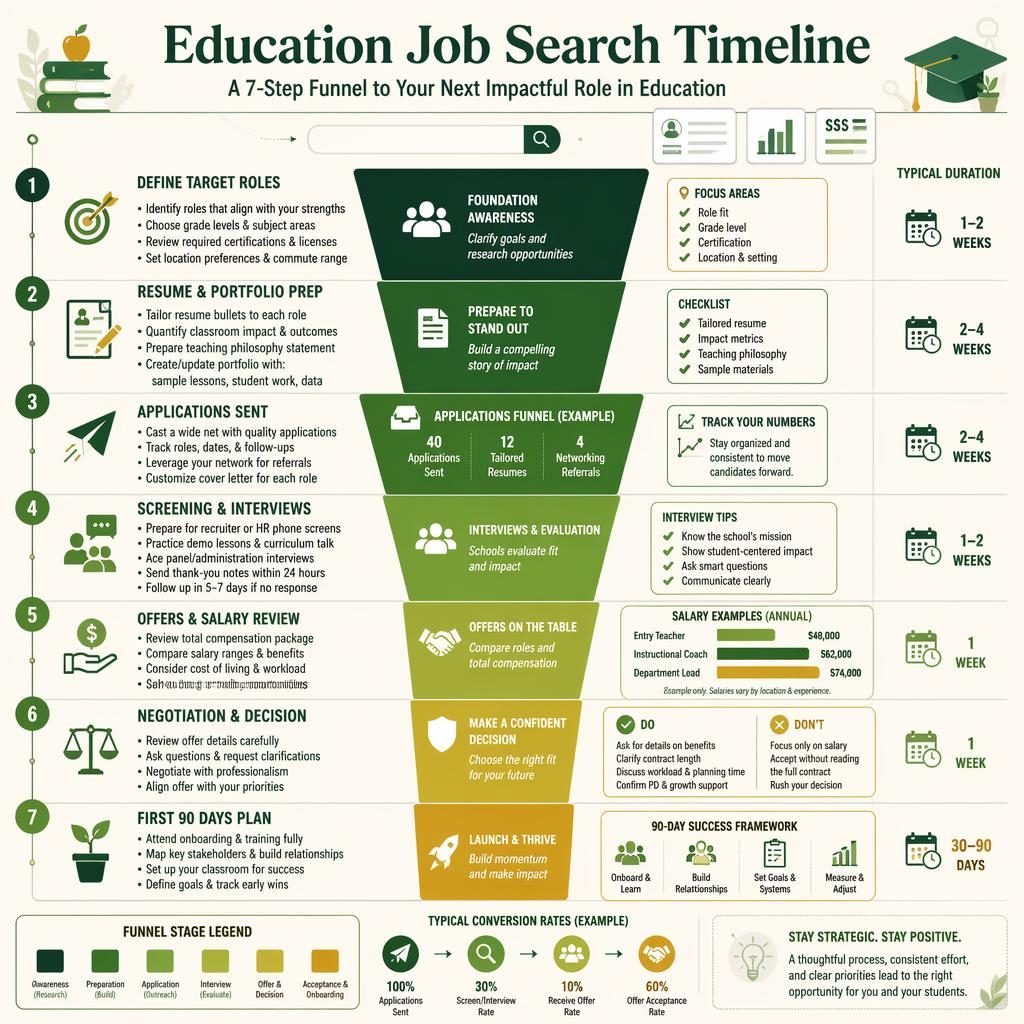 Vertical education job search funnel infographic with 7 sections, green and gold charts, icons, timelines, and example salary bars.