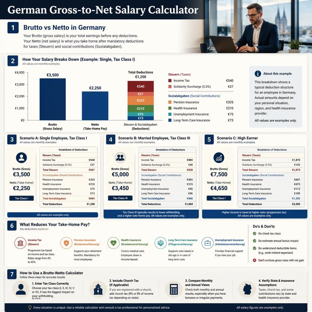 Infografik mit Brutto-Netto-Vergleich, Balkendiagrammen, Beispielgehältern und Abzügen in Navy-Creme-Design.