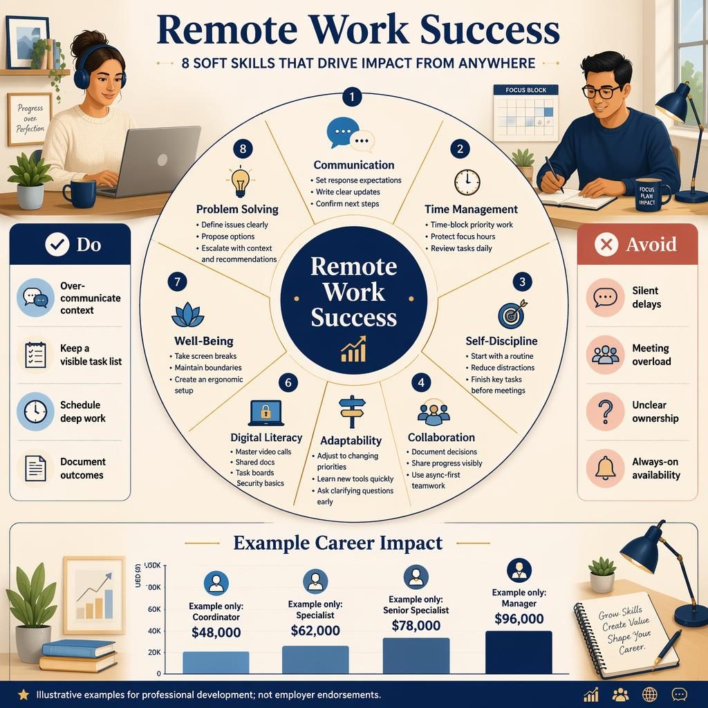 Editorial infographic on Remote Work Success with 8 skill sections, Do and Avoid panels, and example salary bar chart.