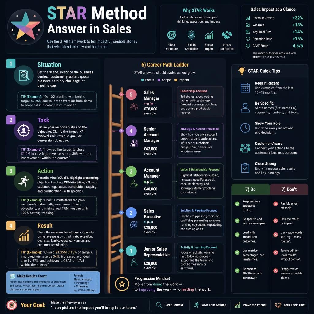 Dark dashboard infographic with a vertical sales career ladder, STAR method panels, tips, icons, charts, and example EUR salaries.