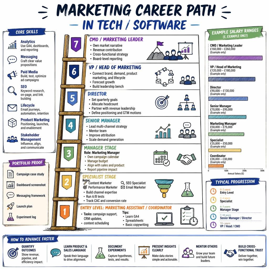 Sketchnote infographic of a tech marketing career ladder with 7 stages, salary bars, skills, portfolio proof, and tips.