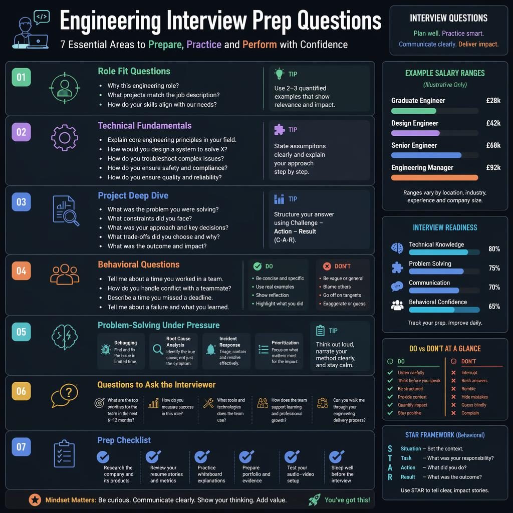 Infografía editorial oscura con 7 secciones de preparación para entrevistas de ingeniería, tarjetas, iconos, barras y checklist.