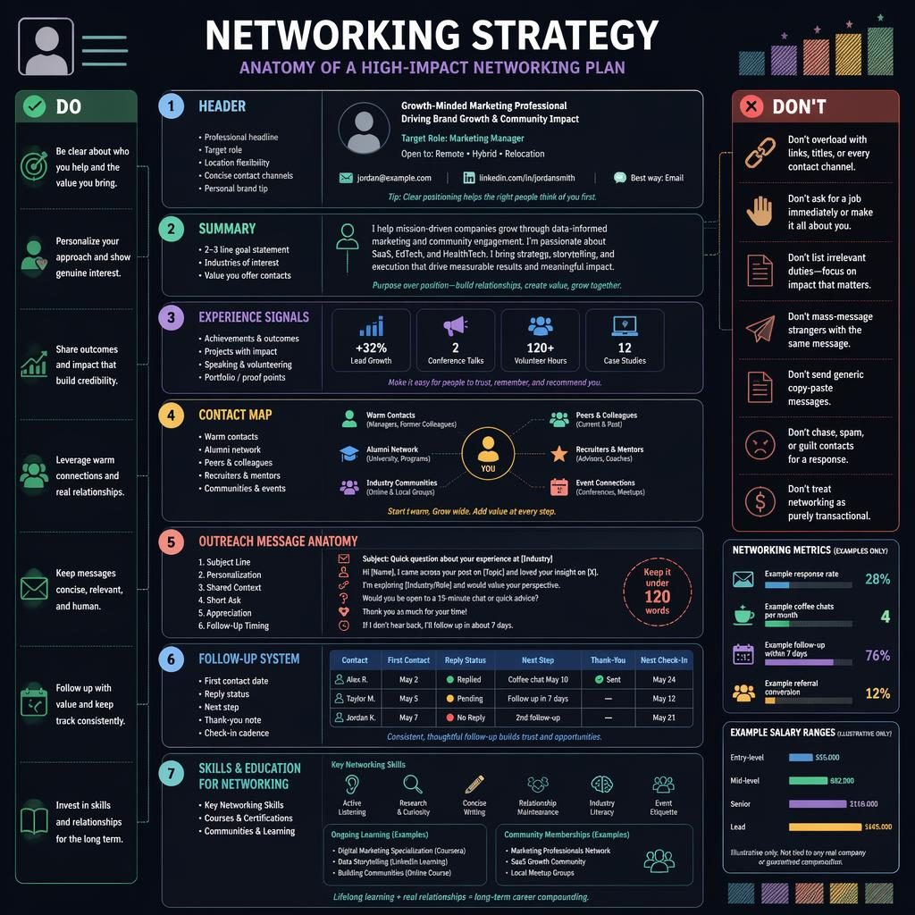 Dark pastel networking strategy infographic in CV anatomy layout with 7 labeled sections, do/don't panels, metrics and salary widget.