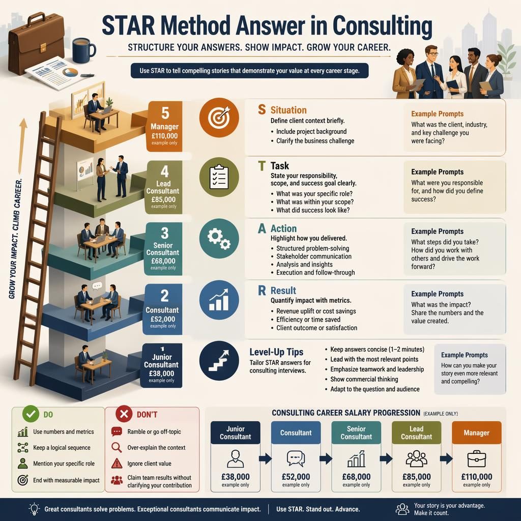 Isometric infographic ladder with 5 consulting levels, STAR method tips, do and don’t callouts, and example GBP salaries.