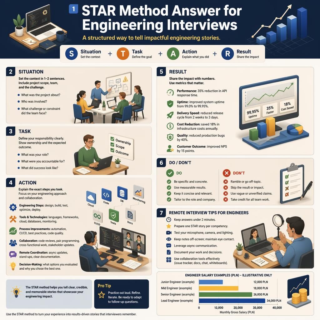 Isometric 3D engineering interview infographic showing STAR method sections, remote tips, and an illustrative navy income chart.