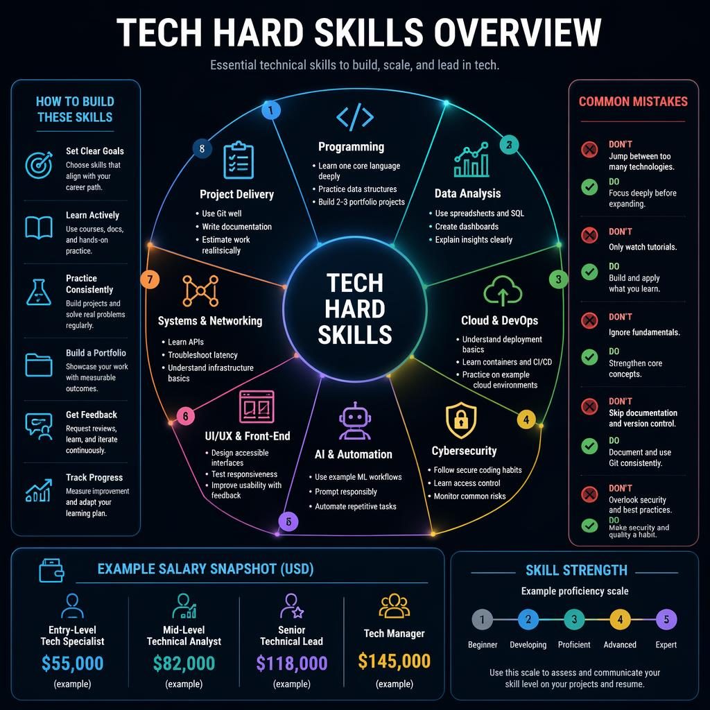 Dunkle Infografik mit zentralem Rad „Tech Hard Skills“, 8 Skill-Segmenten, Callout-Panels, Gehaltsbeispielen und Legende.