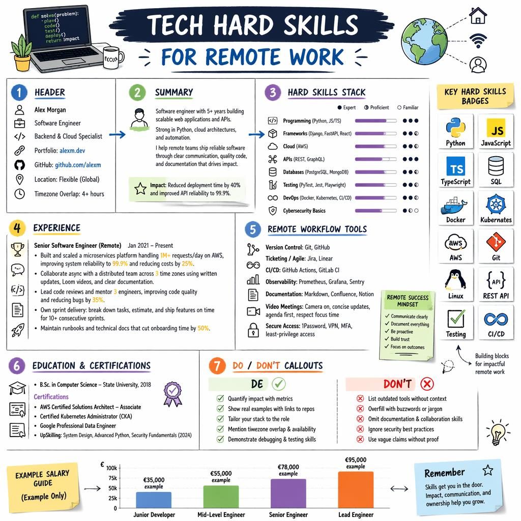 Sketchnote infografika cv graphic o technických hard skills pro remote práci se 7 sekcemi, ikonami, šipkami a mini grafem platu.