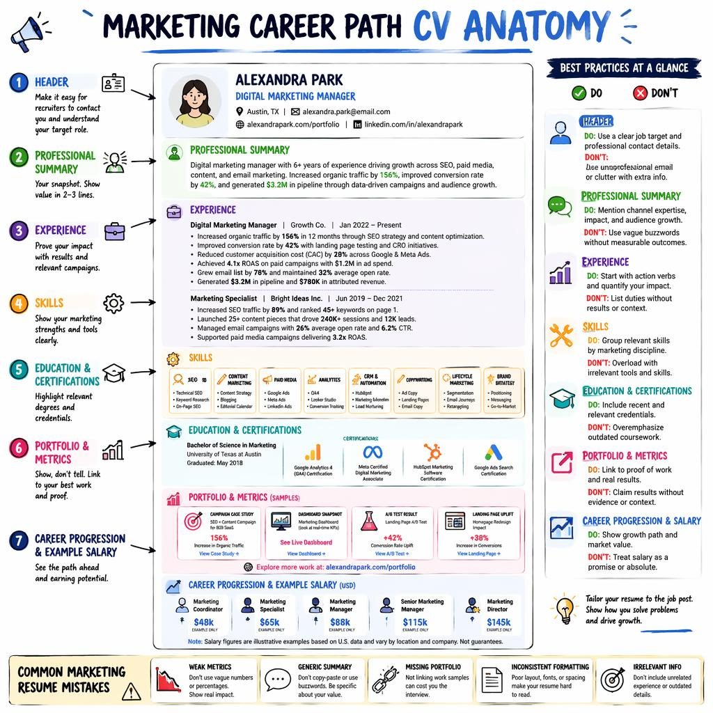 Sketchnote-style marketing resume anatomy infographic with 7 labeled CV sections, do and don't tips, arrows, icons, and salary ladder.