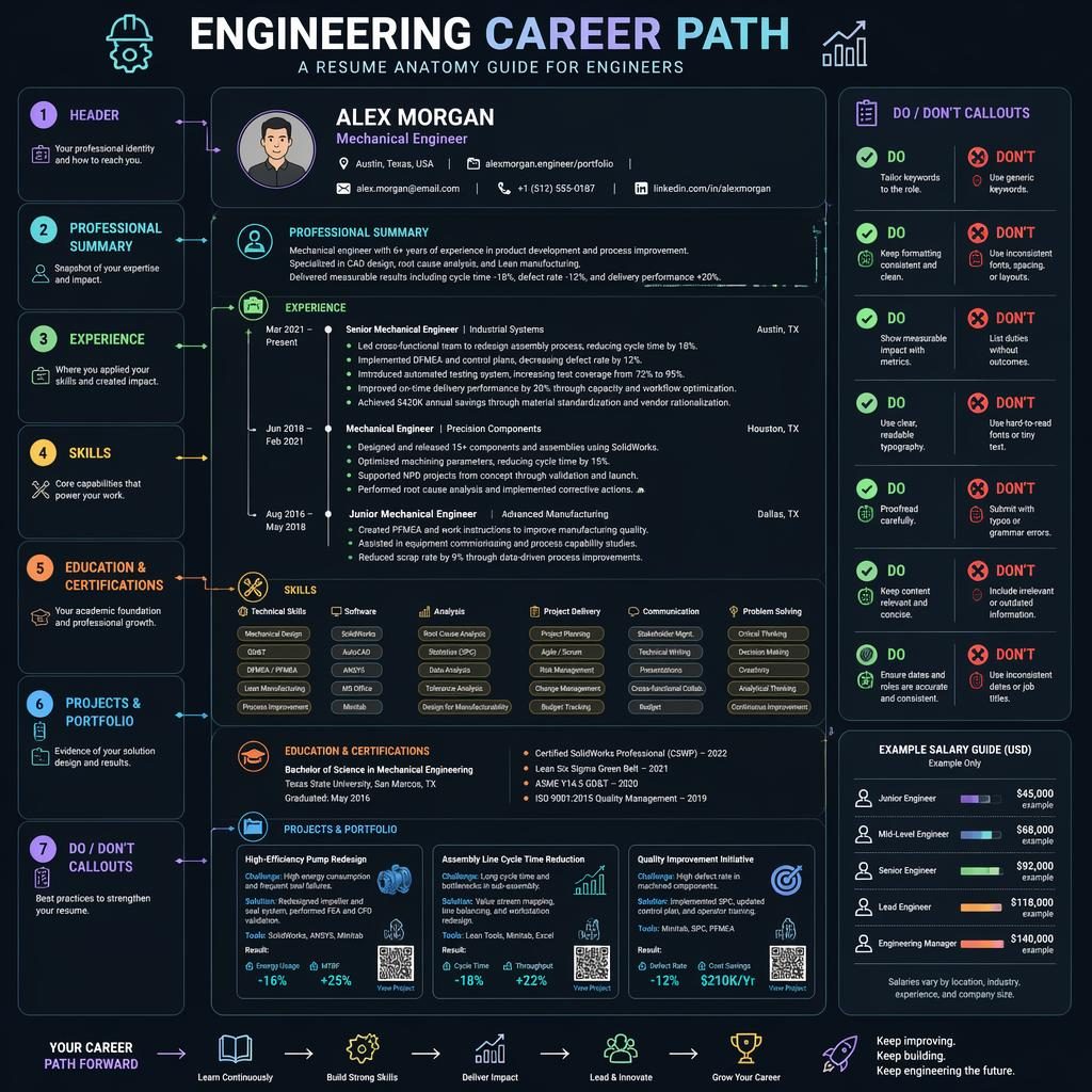 Dunkle Karriere-Infografik im Dashboard-Stil mit Engineering-CV, 7 markierten Bereichen, Pfeilen, Icons und Gehaltsbeispielen.
