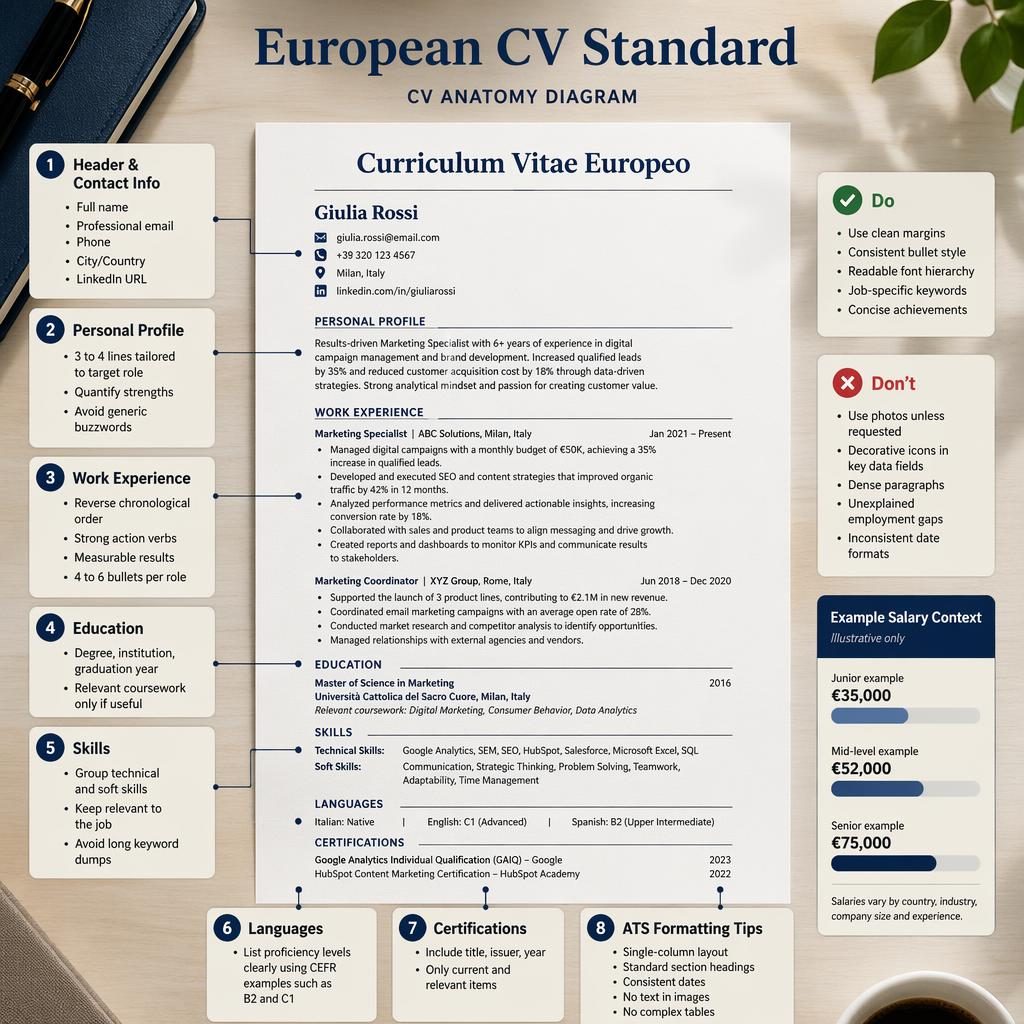 Infografica fotorealistica con curriculum vitae europeo stampato su scrivania elegante e sezioni CV annotate in inglese