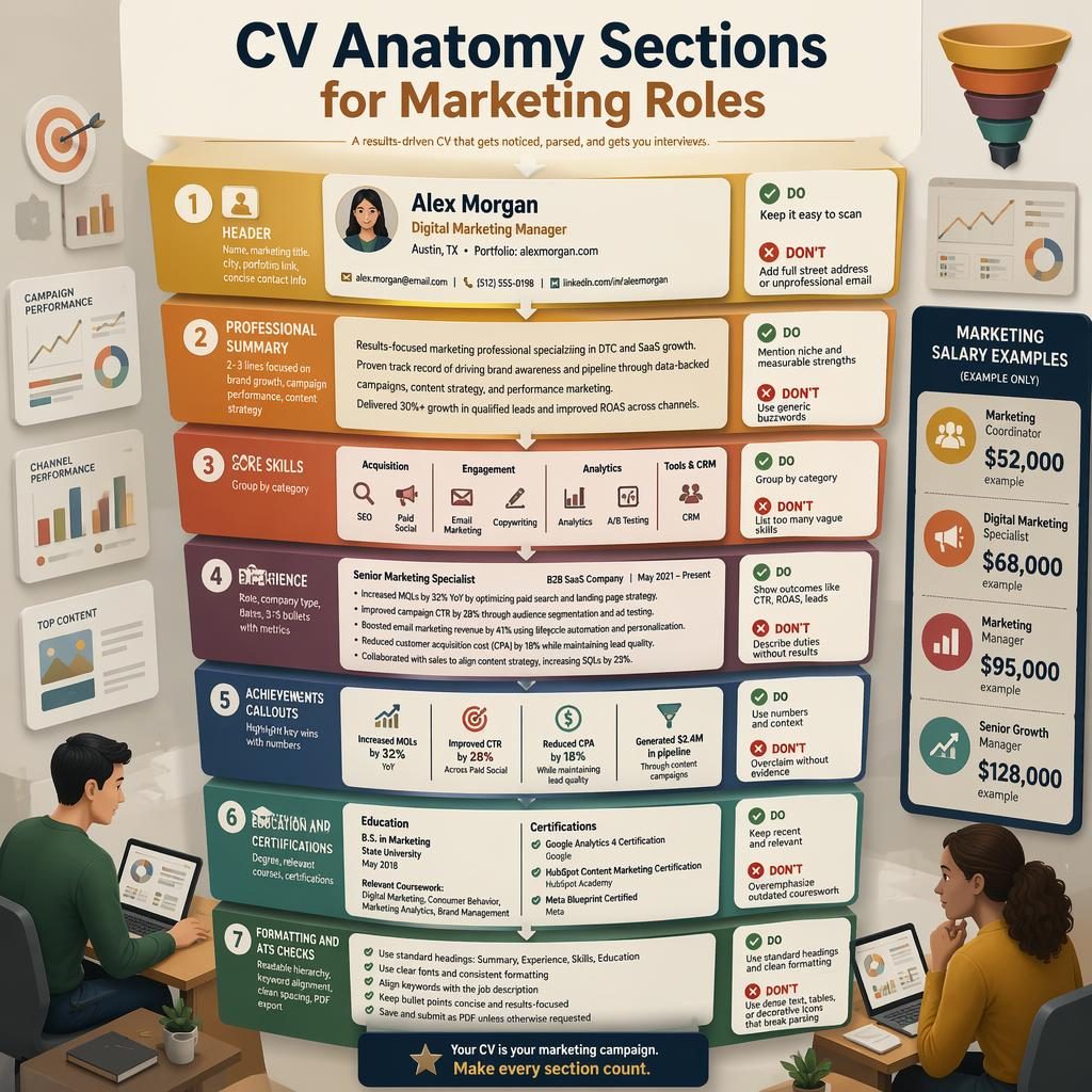 Isometric CV anatomy infographic for marketing roles with 7 funnel sections, do/don't callouts, charts, and salary examples.