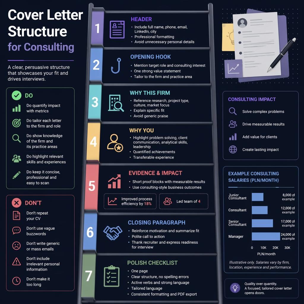 Vertical consulting cover letter infographic with 7 ladder steps, do and don't callouts, and example salary bar chart.