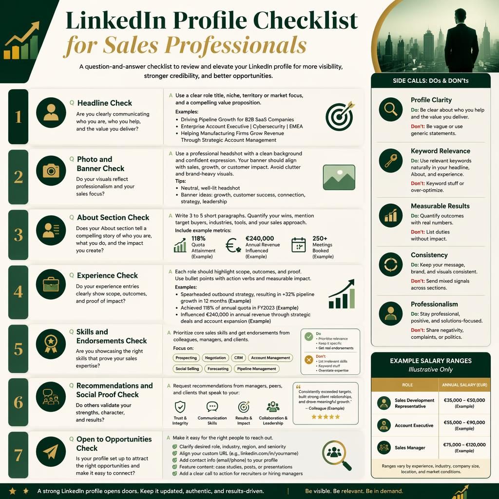 Editorial sales LinkedIn checklist infographic with 7 cards, green and gold palette, Do and Don't tips, and salary panel.