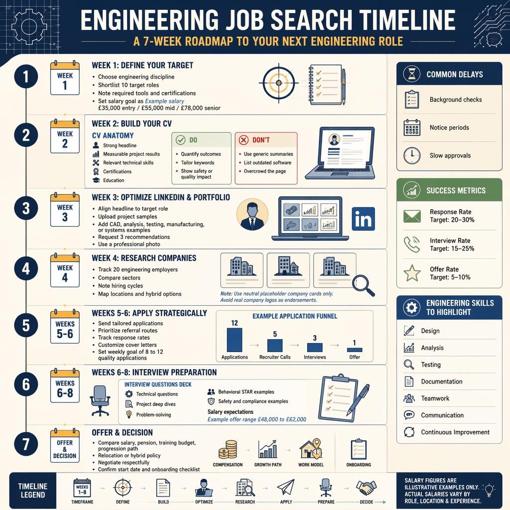 Editorial-style engineering job search timeline infographic with 7 roadmap sections, icons, charts, and navy cream layout.