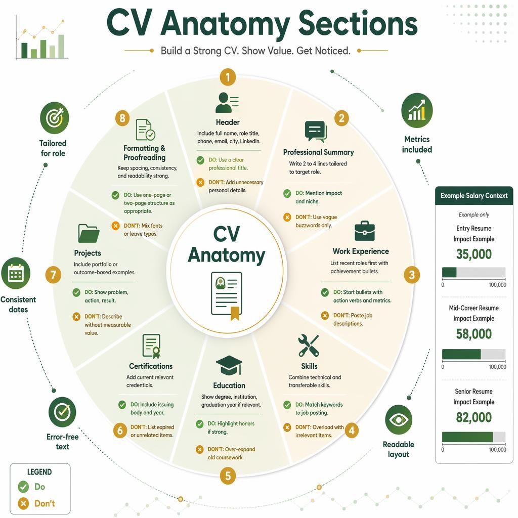 Professional vector infographic showing a CV Anatomy wheel with 8 resume sections, tips, do and don't notes, and example salary bars.