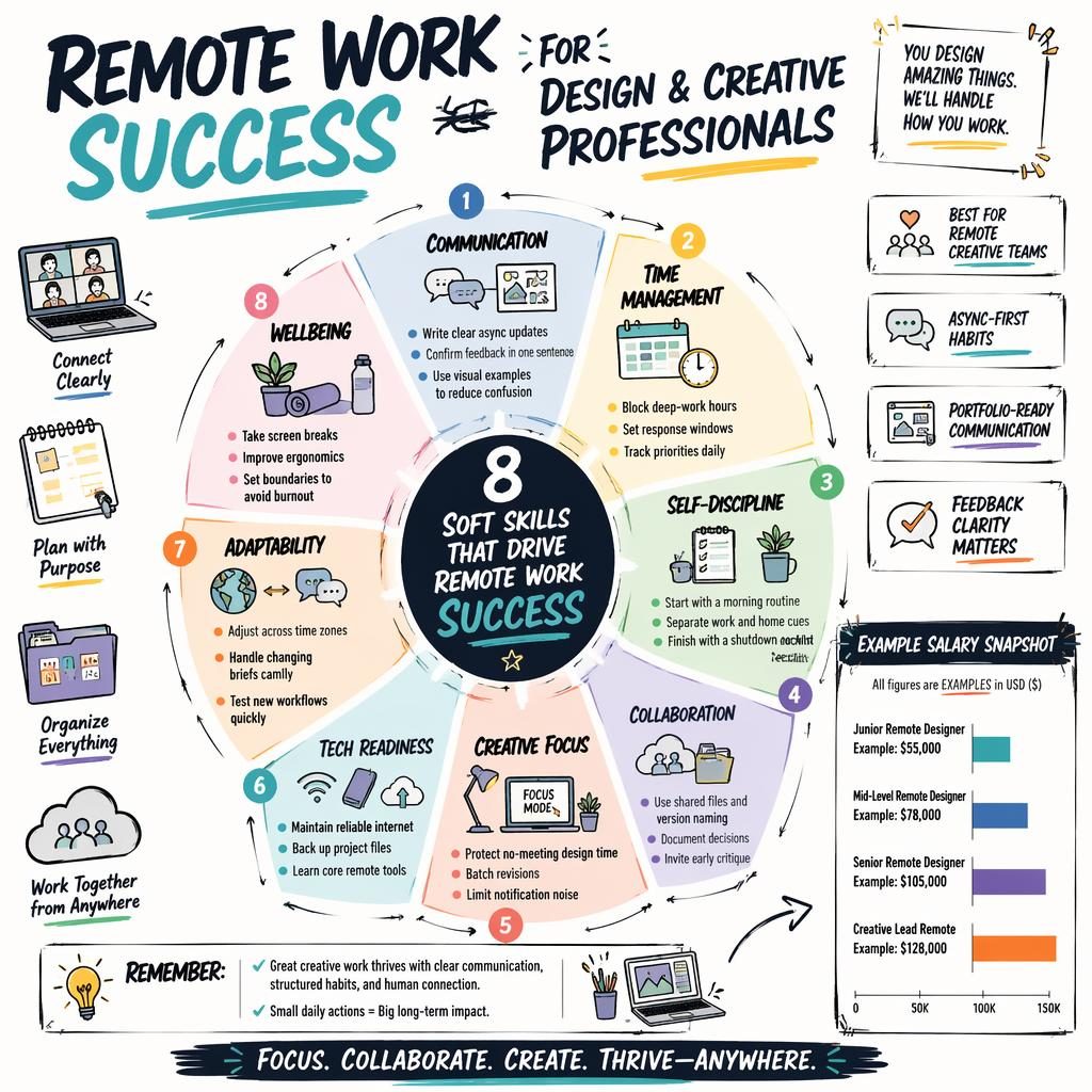 Sketchnote infographic on remote work success for creative pros, 8-skill wheel, workspace icons, and example USD salary panel.