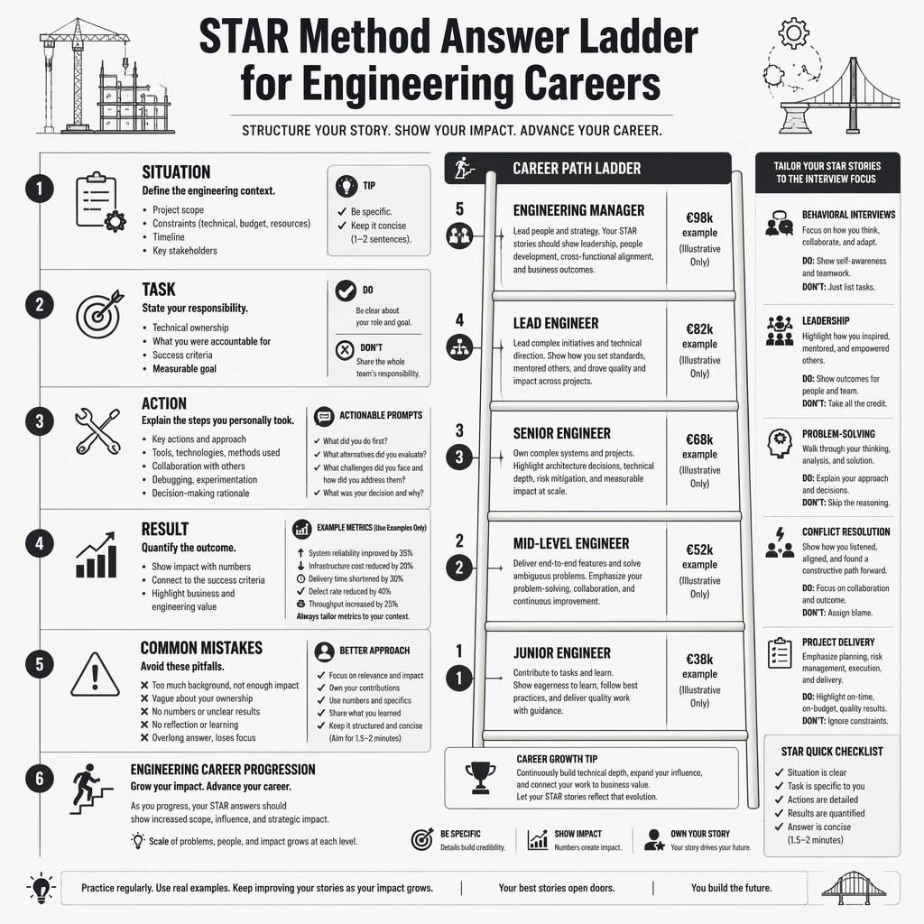 Monochrome LinkedIn-style infographic showing a 6-step STAR method ladder for engineering careers with example EUR salaries.