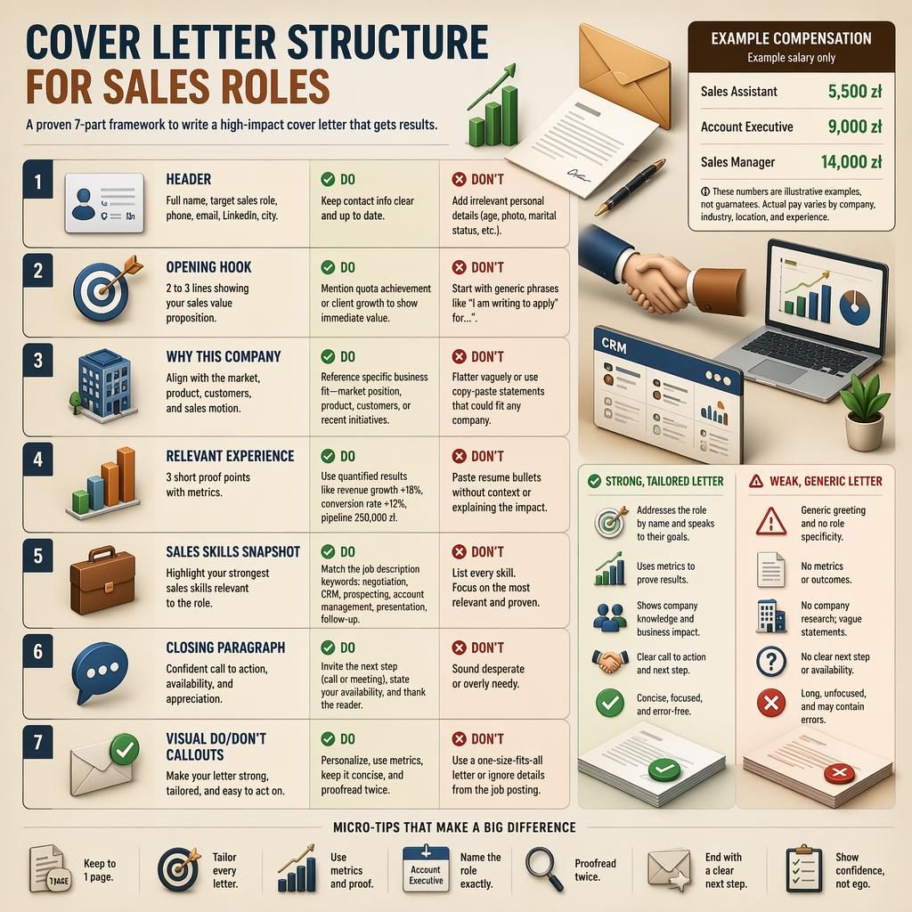 Single-page sales cover letter infographic with 7 labeled sections, do and don't callouts, isometric icons, and example salary panel.