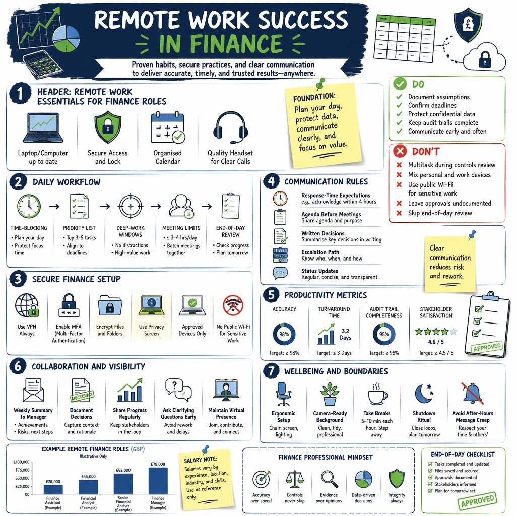 Sketchnote finance remote-work infographic with 7 sections, do/don't tips, security icons, charts, and example GBP salary bar chart.