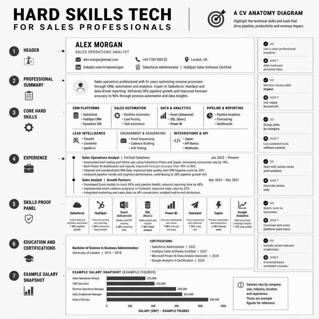 Infographie CV monochrome type diagramme anatomique montrant 7 sections sur les hard skills tech pour profils sales.