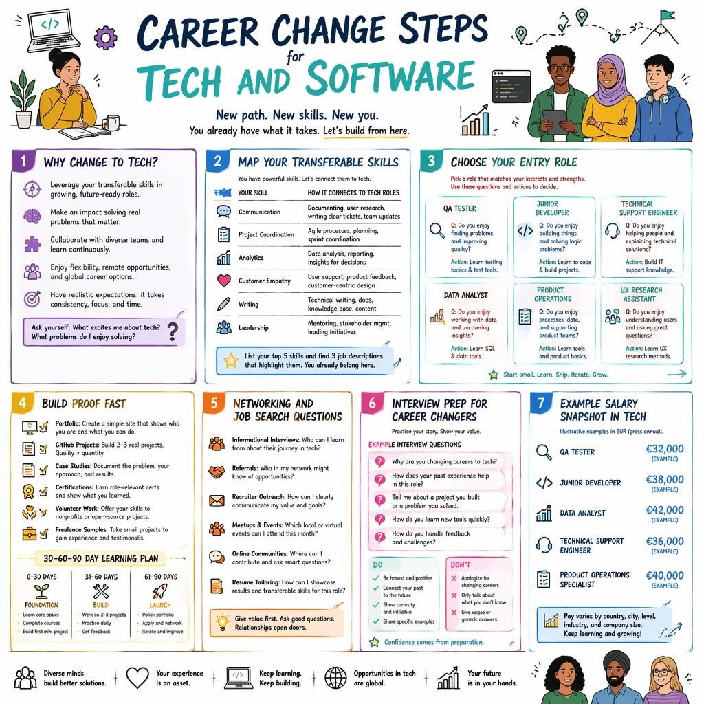 Sketchnote infographic with 7 card sections on switching to tech careers, role tips, interview prep, salary examples, and icons.