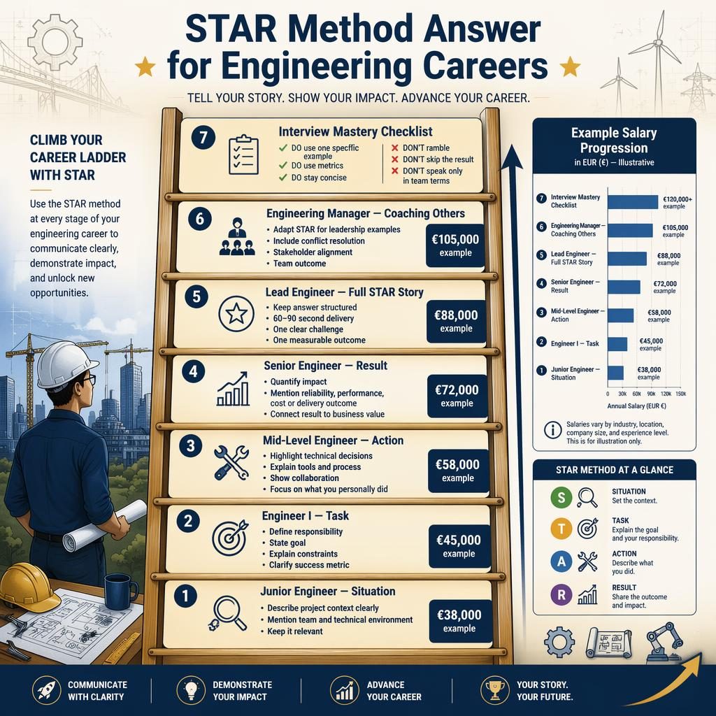Editorial infographic with a vertical career ladder, 7 STAR method sections, EUR example salaries, and a navy income chart side panel.