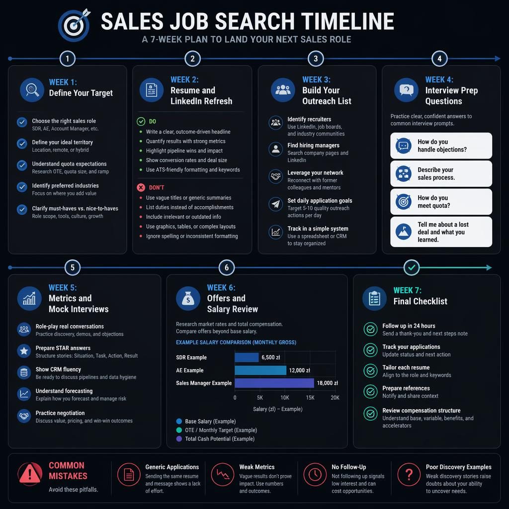 Dark mode sales job search timeline infographic with 7 sections, interview question cards, checklist, mistakes panel, and example salary chart.