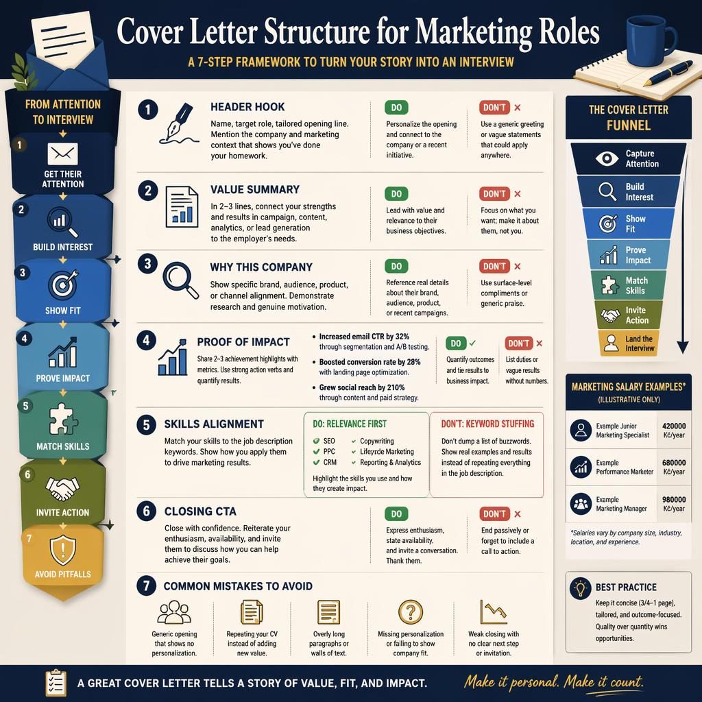 Editorial infographic on cover letter structure for marketing roles with 7 sections, funnel visuals, icons, and example CZK salaries.