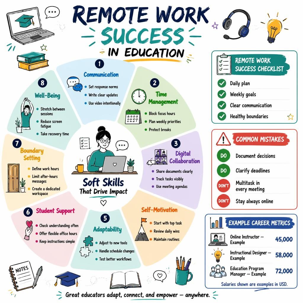 Sketchnote infographic with an 8-part soft-skills wheel for remote work success in education and 3 side panels.