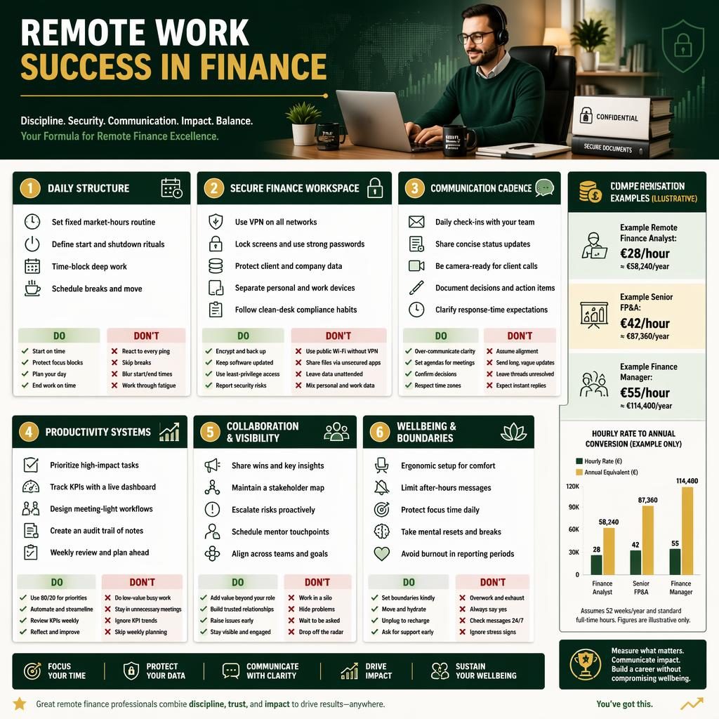 Finance remote-work infographic with 7 tip sections, do/don't callouts, icons, and an example hourly wage to salary chart.